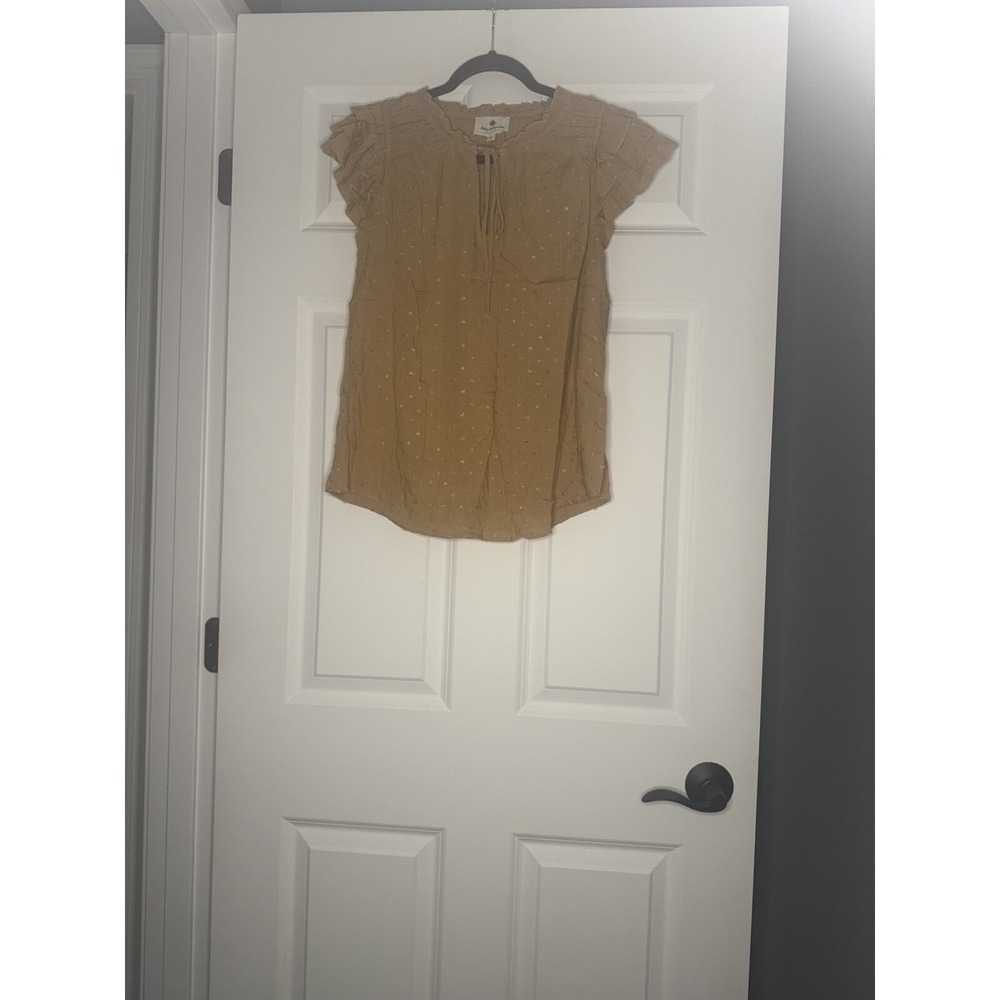 Betseys Boutique Shop Tie Neck Swiss Dot Flutter Sleeve Top Small Mustard